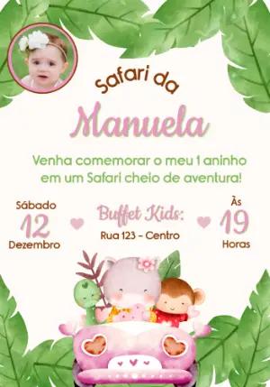 Convite de Aniversário Safari Rosa com Foto Editável