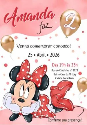 Convite de Aniversário Minnie Rosa e Dourado Editável