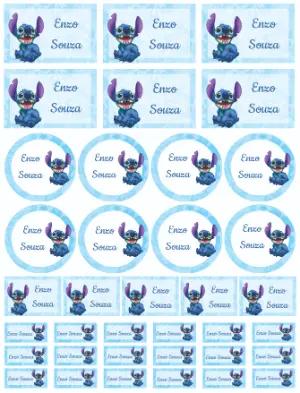 Kit de Etiquetas Escolares Stitch Azul para Editar e Imprimir