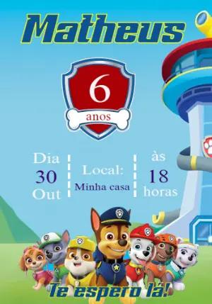 Convite Aniversário Patrulha Canina com Personagens para Editar