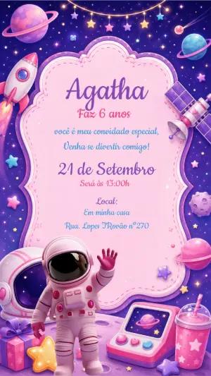 Convite Digital Astronauta Rosa Infantil Editável