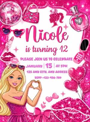 Pink Doll Barbie Birthday Invitation Editable Template