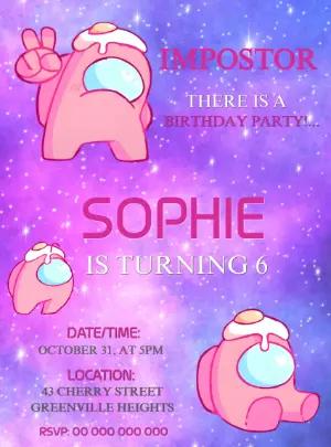 Pink Among Us Space Birthday Invitation - Editable Template