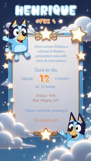 Convite de Aniversário Bluey Céu Estrelado Editável