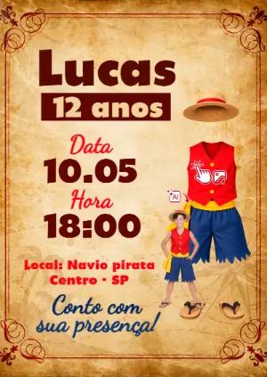 Convite One Piece: Vire o Luffy com sua Foto IA! Arte Editável