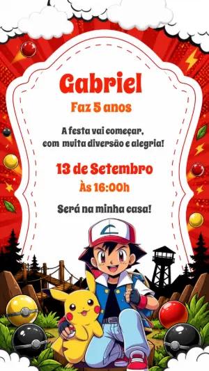 Convite de Aniversário Pokémon com Ash e Pikachu para Editar