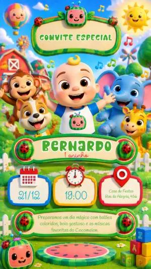 Convite de Aniversário Cocomelon com Animais Editável