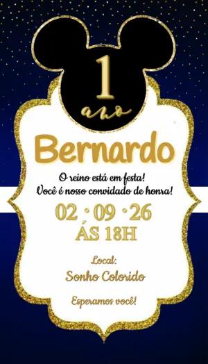 Convite Aniversário Mickey Realeza Azul e Dourado Editável