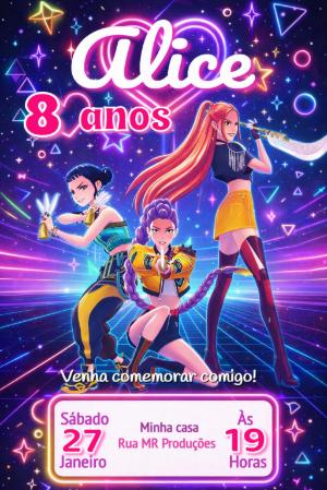 Convite de Aniversário Guerreiras do K-Pop Modelo Editável