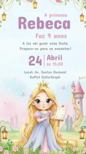 Convite de Aniversário Princesa Rapunzel Aquarela para Editar
