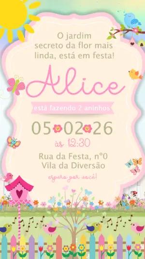 Convite Digital Aniversário Infantil Tema Jardim Secreto para Editar