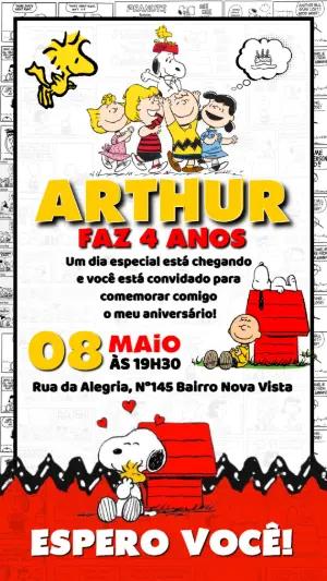 Convite Digital Aniversário Infantil Tema Snoopy para Editar