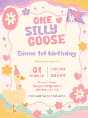 One Silly Goose 1st Birthday Invitation Editable Template