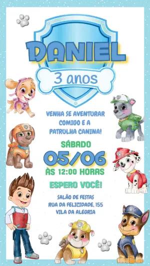 Convite Digital Patrulha Canina para Aniversário Infantil Editável