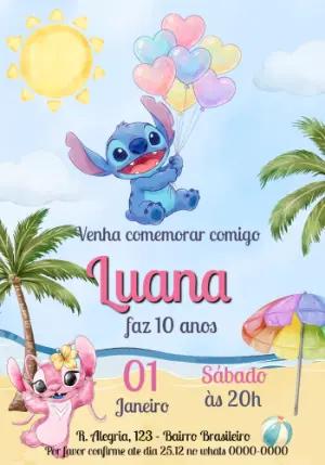 Convite de Aniversário Stitch na Praia Aquarela para Editar