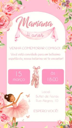 Convite Aniversário Bailarina Rosa para Editar Online