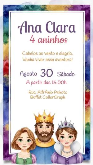 Convite Aniversário Rapunzel com a Família Real para Editar