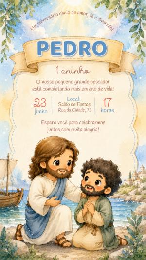 Convite Editável Aniversário Religioso Samuel Bíblico Aquarela
