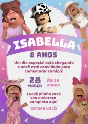 Convite de Aniversário Roblox Menina Rosa Editável