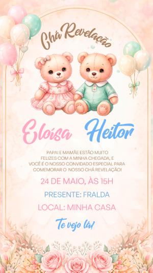 Convite Chá Revelação Ursinhos Aquarela para Editar