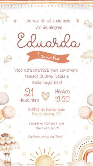 Convite de Aniversário Boho Sol e Arco-íris Editável