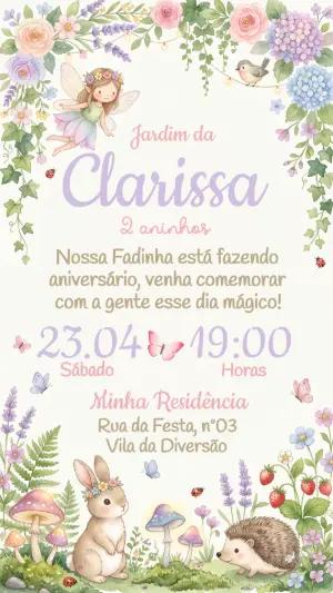 Convite de Aniversário Jardim das Fadas Aquarela Editável