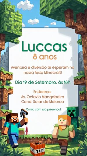 Convite de Aniversário Minecraft com Personagens para Editar Online