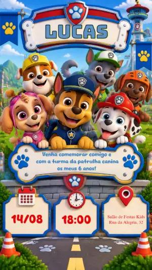 Convite de Aniversário Patrulha Canina para Menino Editável