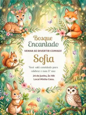 Convite de Aniversário Bosque Encantado Aquarela Editável