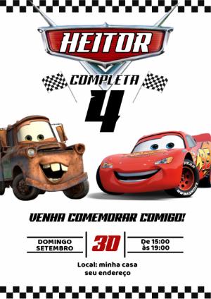Convite de Aniversário Carros com McQueen e Mate para Editar