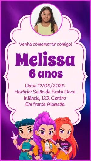 Convite de Aniversário Guerreiras do Kpop para Editar