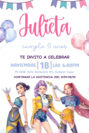 Invitación de Cumpleaños Las Guerreras K-Pop Editable