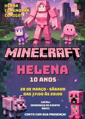 Convite Digital Minecraft Menina Tema Rosa Editável