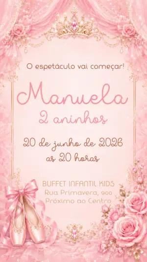 Convite de Aniversário Bailarina Rosa e Dourado Editável