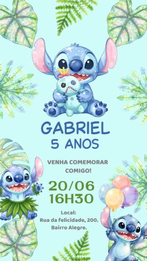 Convite de Aniversário Stitch Aquarela para Editar