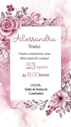 Convite de Aniversário Floral Rosa para Editar Online
