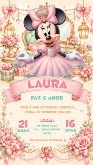 Convite de Aniversário Minnie Realeza Rosa Editável
