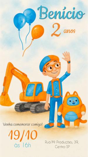 Convite Animado Blippi e Trator Aquarela para Editar
