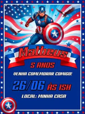 Convite de Aniversário Capitão América Modelo Digital Editável