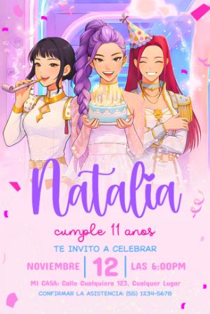 Invitación de Cumpleaños Las Guerreras K-Pop Editable Estilo Anime