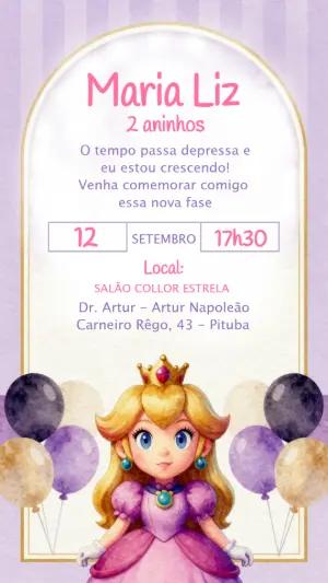 Convite de Aniversário Princesa Peach Lilás para Editar