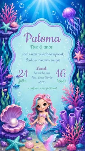 Convite de Aniversário Sereia Fundo do Mar para Editar