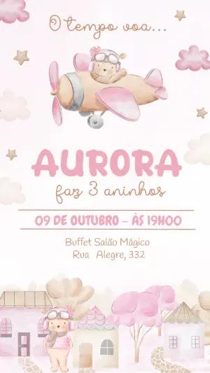 Convite Aniversário Ursinha Aviadora para Editar Online