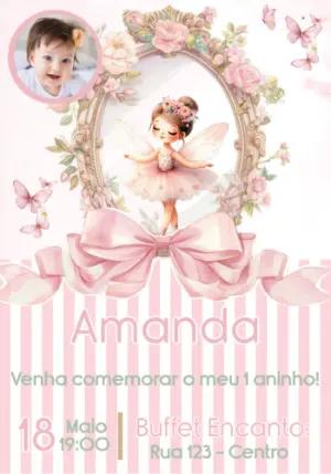 Convite Aniversário Fada Bailarina Rosa com Foto Editável