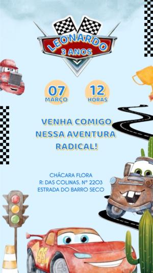 Convite de Aniversário Carros Infantil Modelo Digital para Editar