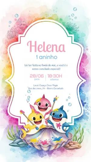 Convite de Aniversário Baby Shark Aquarela para Editar Online