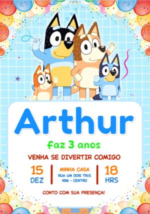 Convite de Aniversário Bluey e Família Colorido para Editar