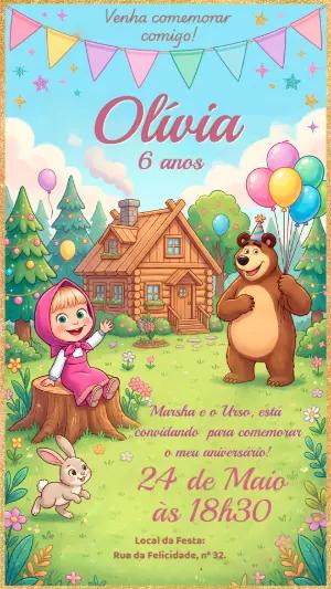 Convite de Aniversário Marsha e o Urso Editável e Colorido