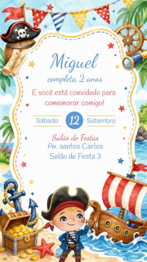 Convite de Aniversário Pirata Infantil para Editar