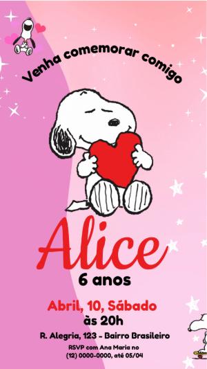 Convite Animado Aniversário Snoopy Rosa para Editar